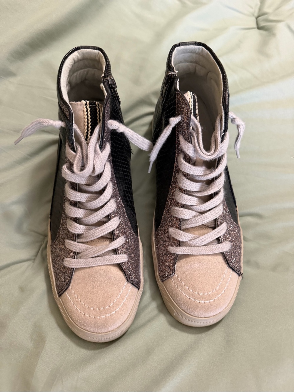 ShuShop Black and Cream Mixed-Texture High-Top Sneakers